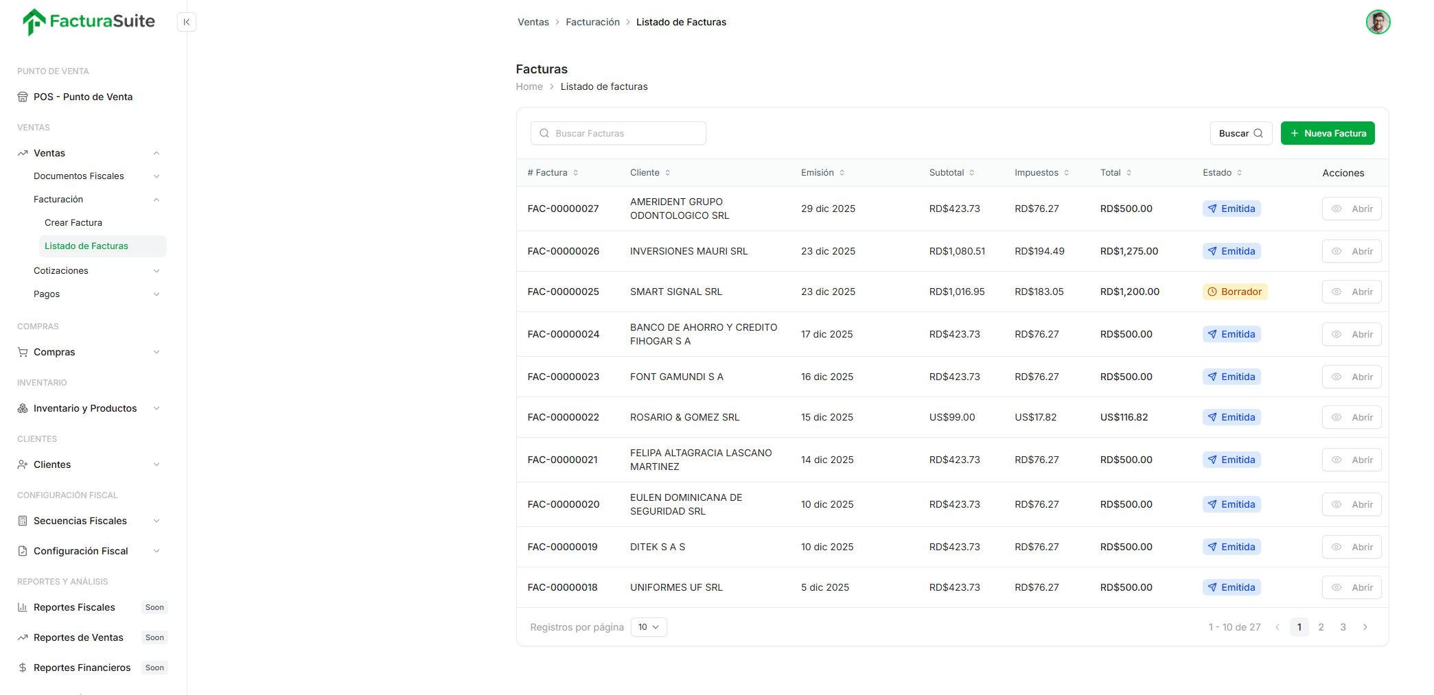 Dashboard de FacturaSuite mostrando factura electrónica
